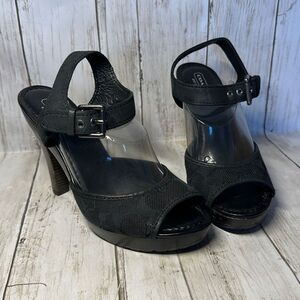 Coach Women’s Black Logo Elanna Wooden Heels Open Toe  size 7.5
